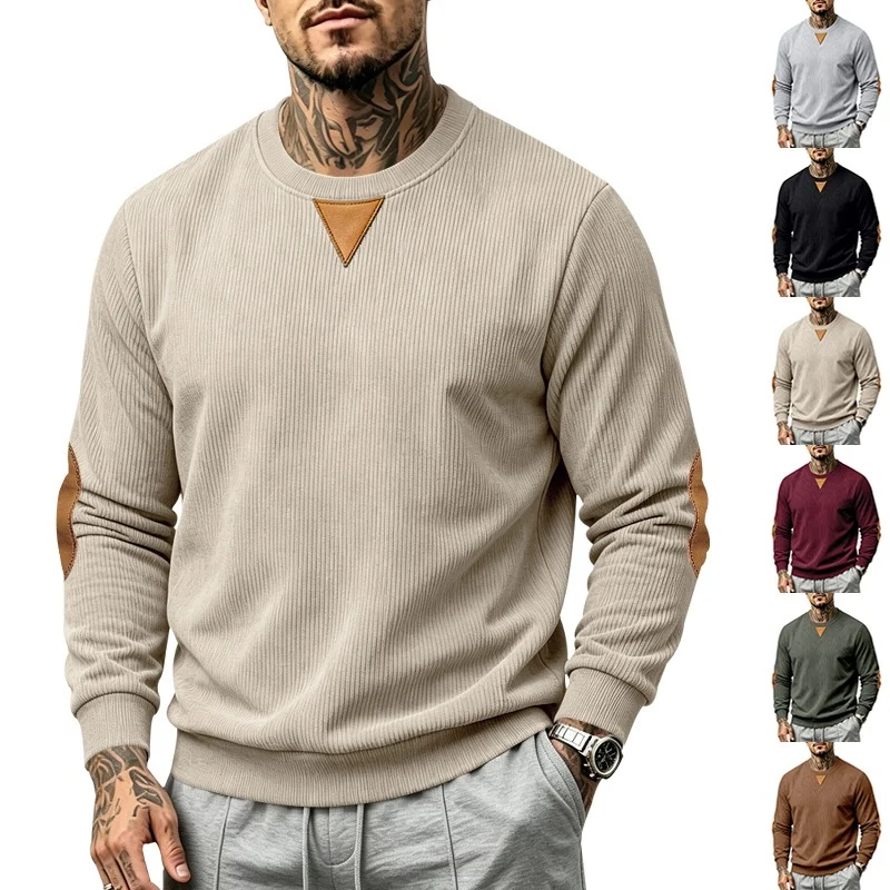 Herren Rippstrick-Sweatshirt mit Ellenbogenpatches und geripptem Rundhalsausschnitt Drune