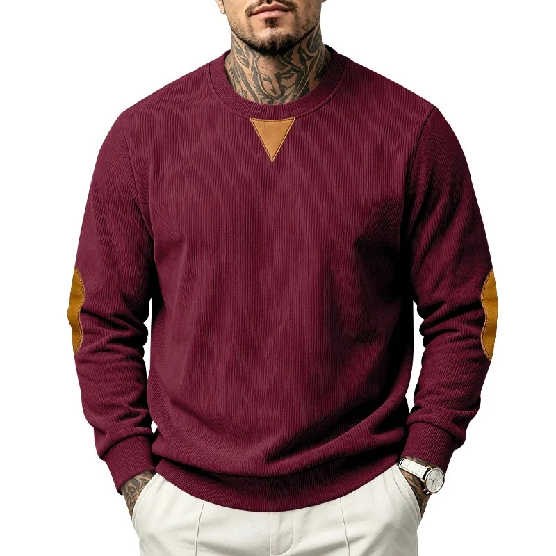 Herren Rippstrick-Sweatshirt mit Ellenbogenpatches und geripptem Rundhalsausschnitt Drune