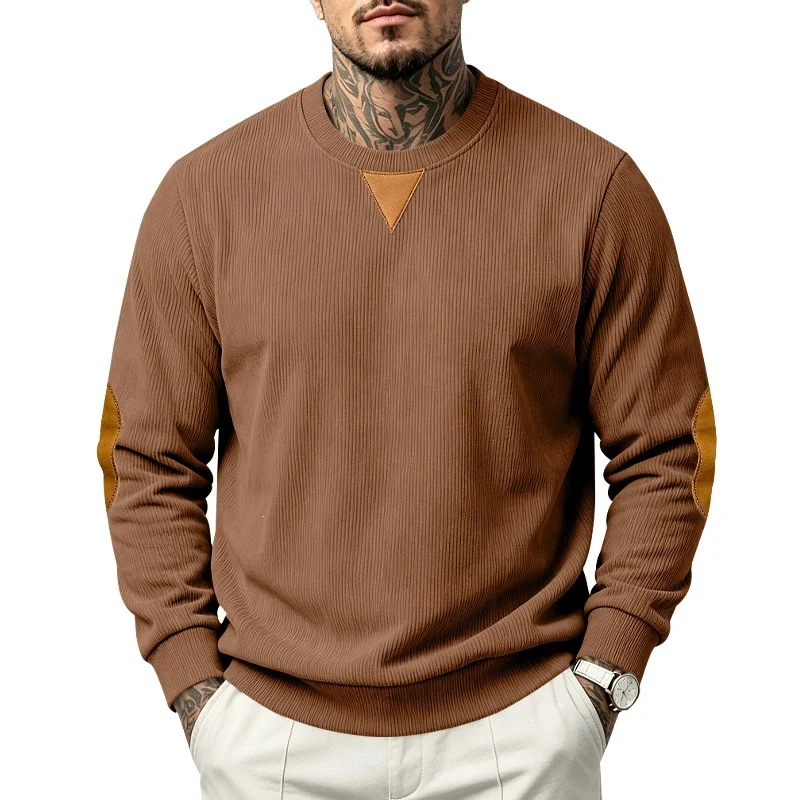 Herren Rippstrick-Sweatshirt mit Ellenbogenpatches und geripptem Rundhalsausschnitt Drune