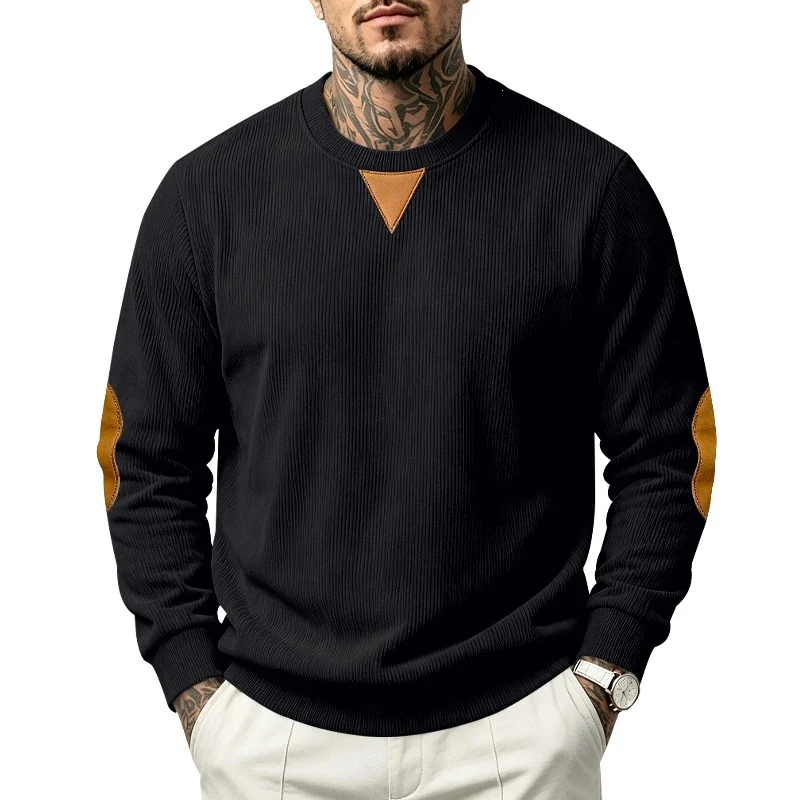 Herren Rippstrick-Sweatshirt mit Ellenbogenpatches und geripptem Rundhalsausschnitt Drune
