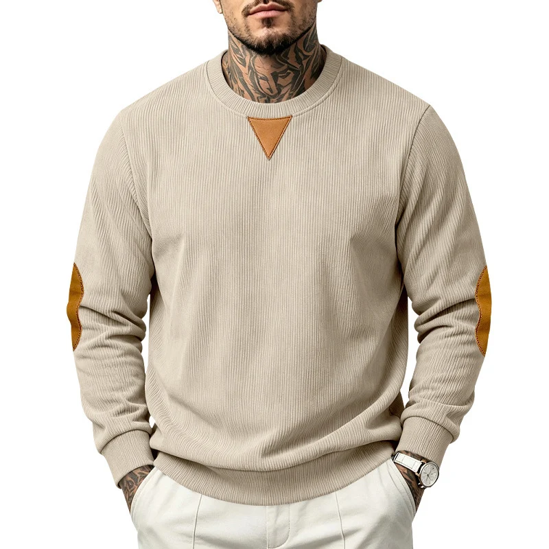 Herren Rippstrick-Sweatshirt mit Ellenbogenpatches und geripptem Rundhalsausschnitt Drune