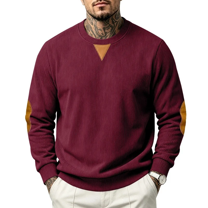 Herren Rippstrick-Sweatshirt mit Ellenbogenpatches und geripptem Rundhalsausschnitt Drune