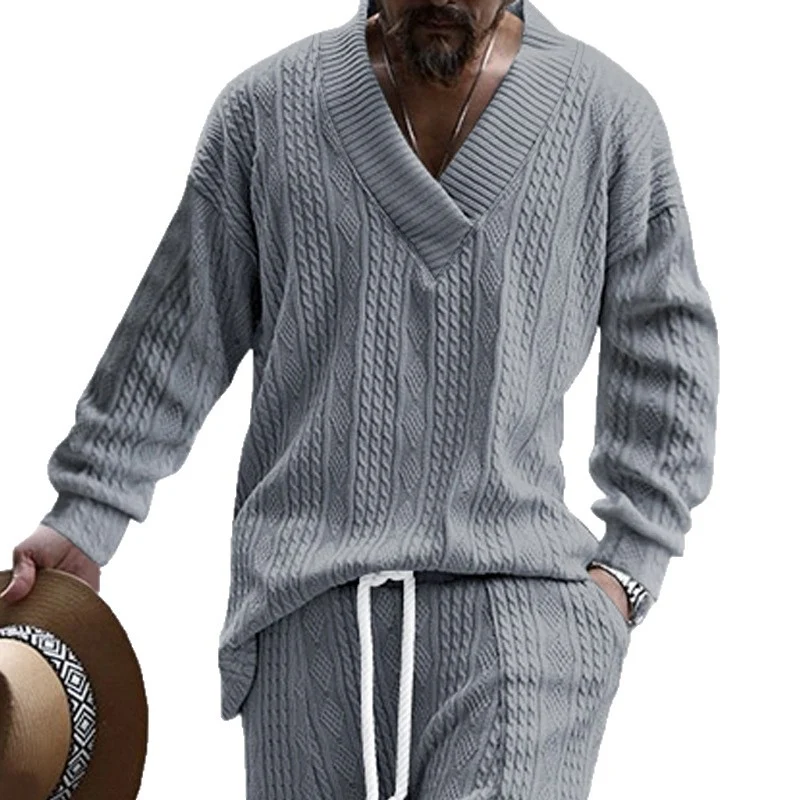 Herren Oversize-Zopfmuster-Pullover mit tiefem V-Ausschnitt Drune