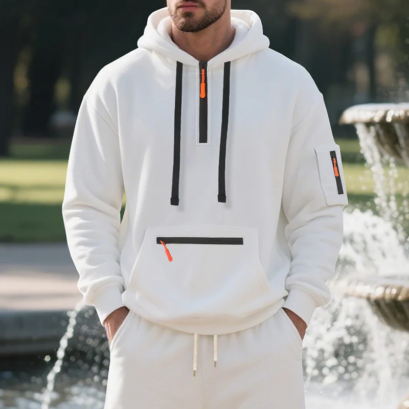 Herren Oversize-Kapuzenpullover mit halbem Reißverschluss, Kängurutasche mit Reißverschluss und Ärmel-Pocket Drune