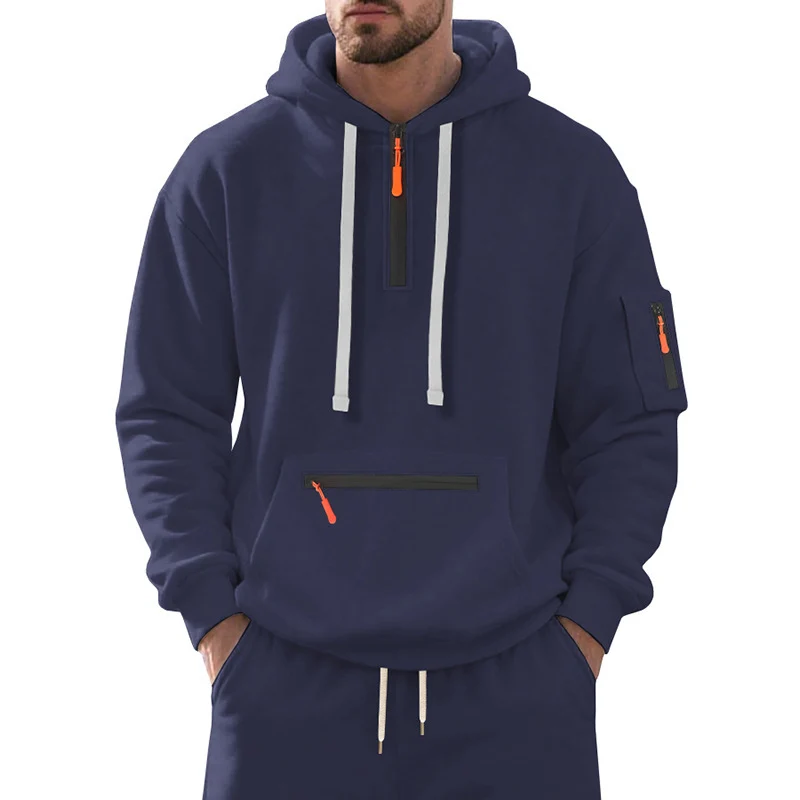 Herren Oversize-Kapuzenpullover mit halbem Reißverschluss, Kängurutasche mit Reißverschluss und Ärmel-Pocket Drune