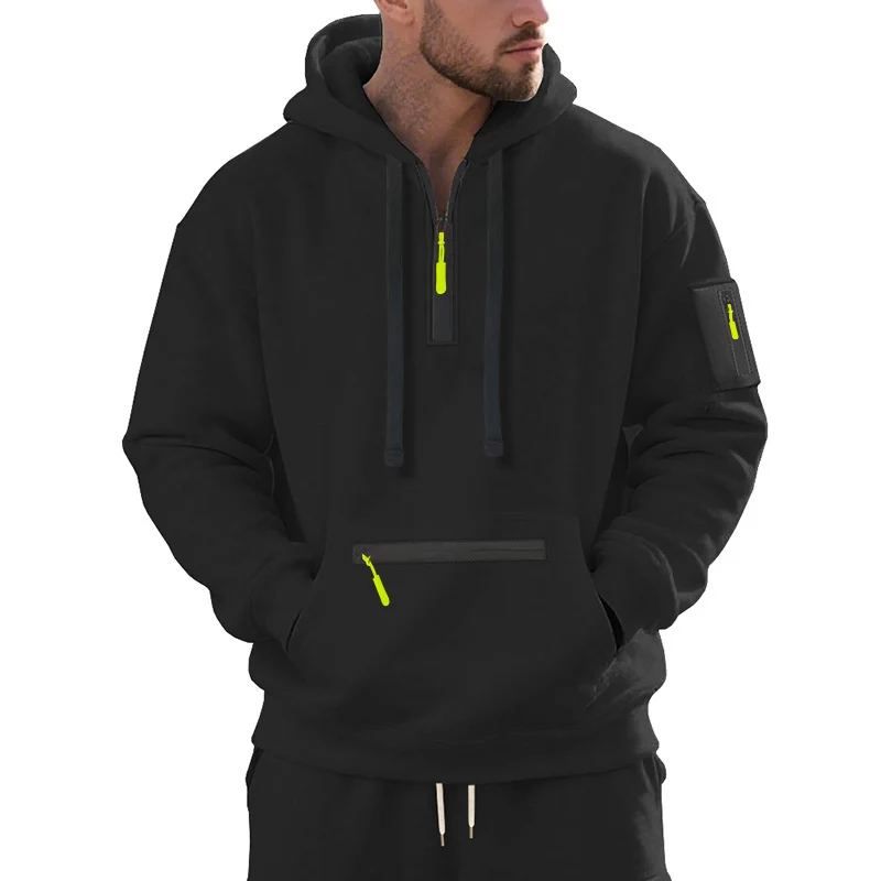 Herren Oversize-Kapuzenpullover mit halbem Reißverschluss, Kängurutasche mit Reißverschluss und Ärmel-Pocket Drune