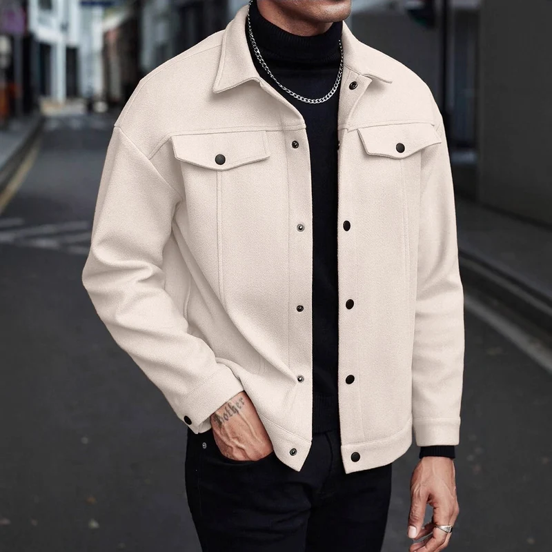 Herren Overshirt-Jacke im Trucker-Stil mit Wollmix-Optik und Druckknöpfen Drune