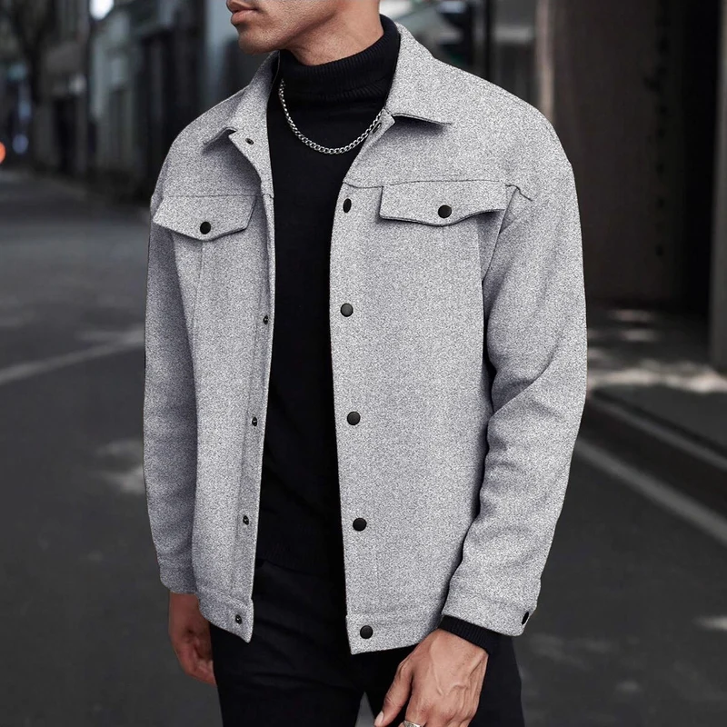 Herren Overshirt-Jacke im Trucker-Stil mit Wollmix-Optik und Druckknöpfen Drune