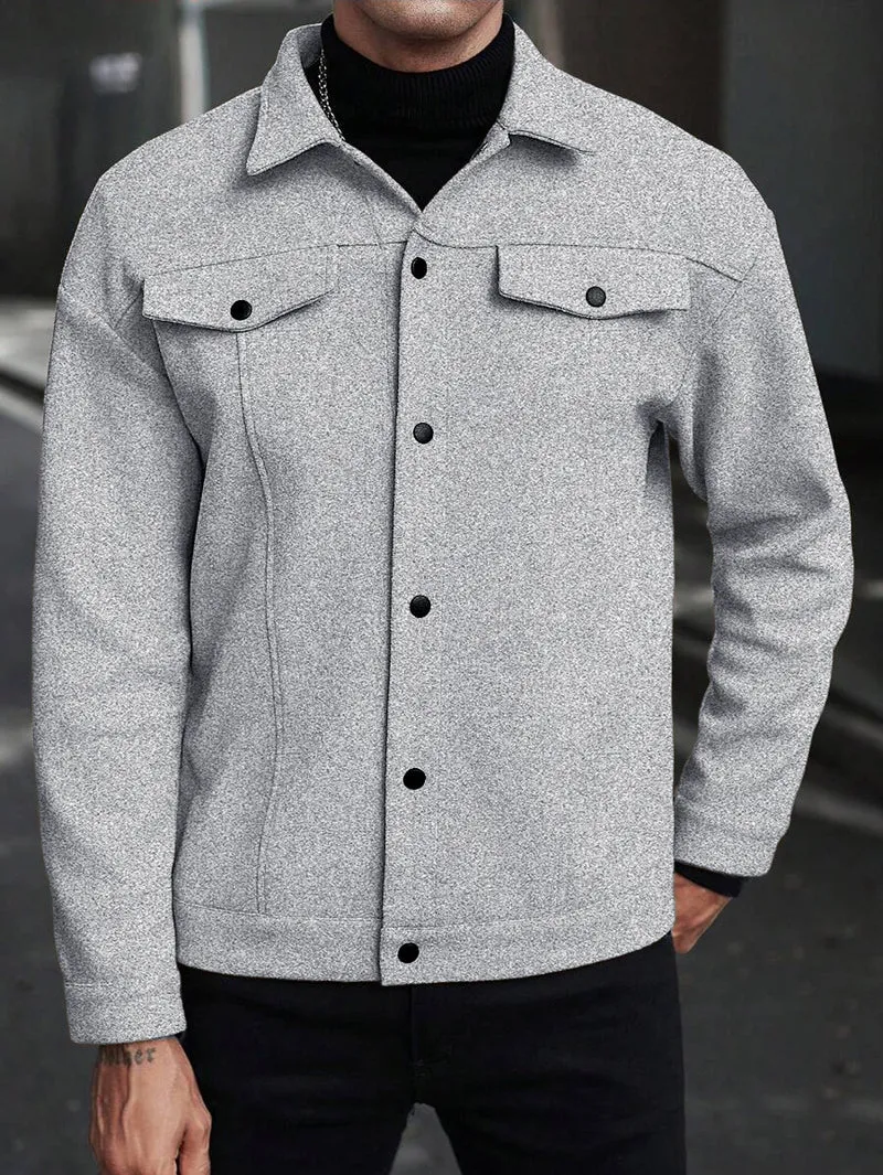 Herren Overshirt-Jacke im Trucker-Stil mit Wollmix-Optik und Druckknöpfen Drune