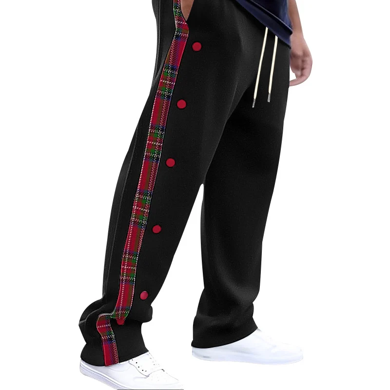 Herren lockere Jogginghose mit seitlichem Karostreifen und Druckknopfleiste Drune