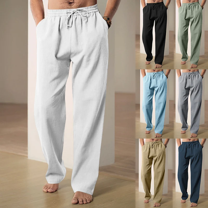 Herren Locker geschnittene Leinenhose mit Kordelzug und geradem Bein Drune