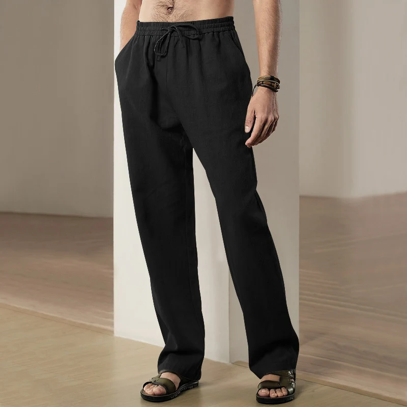 Herren Locker geschnittene Leinenhose mit Kordelzug und geradem Bein Drune