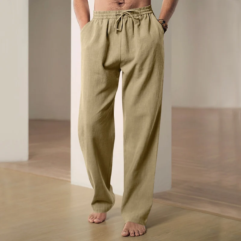 Herren Locker geschnittene Leinenhose mit Kordelzug und geradem Bein Drune