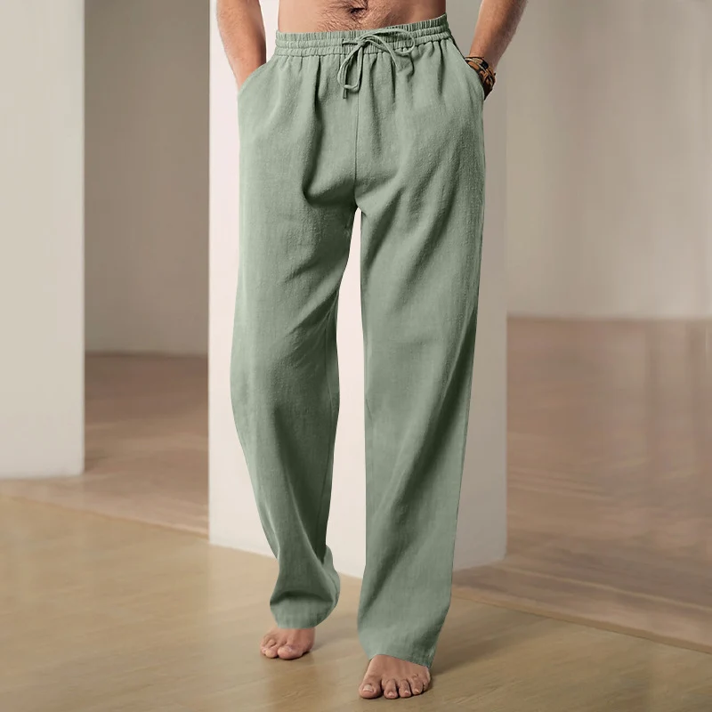 Herren Locker geschnittene Leinenhose mit Kordelzug und geradem Bein Drune