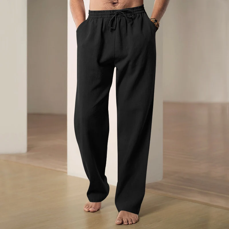 Herren Locker geschnittene Leinenhose mit Kordelzug und geradem Bein Drune