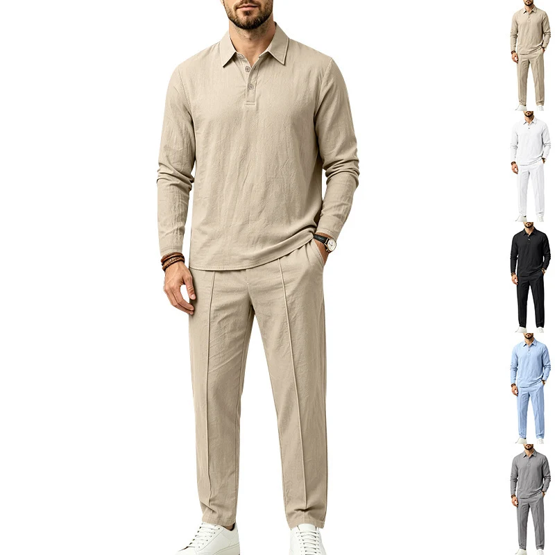 Herren Leichtes Leinen-Lounge-Set mit Henley-Kragen und elastischer Bundhose Drune