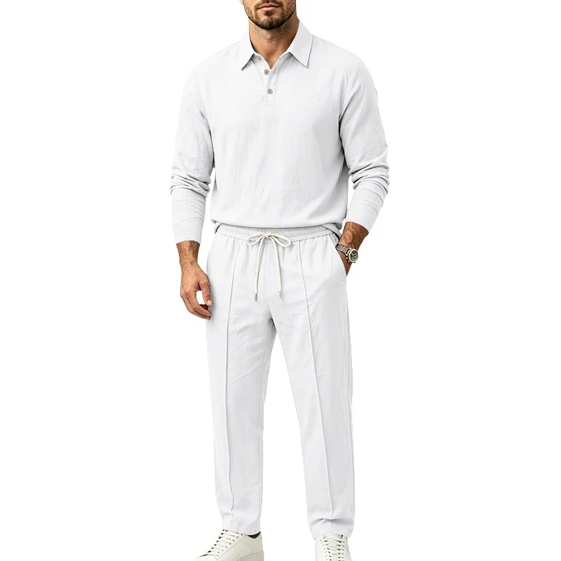Herren Leichtes Leinen-Lounge-Set mit Henley-Kragen und elastischer Bundhose Drune