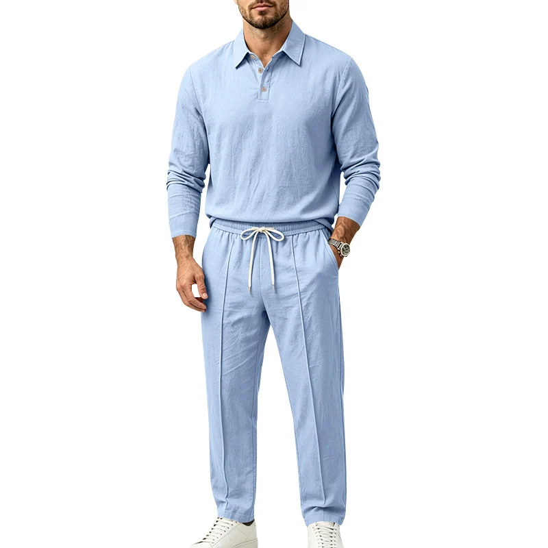 Herren Leichtes Leinen-Lounge-Set mit Henley-Kragen und elastischer Bundhose Drune