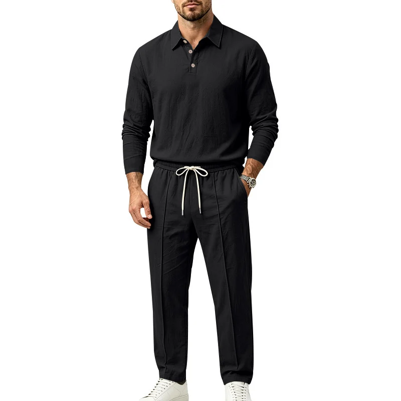 Herren Leichtes Leinen-Lounge-Set mit Henley-Kragen und elastischer Bundhose Drune