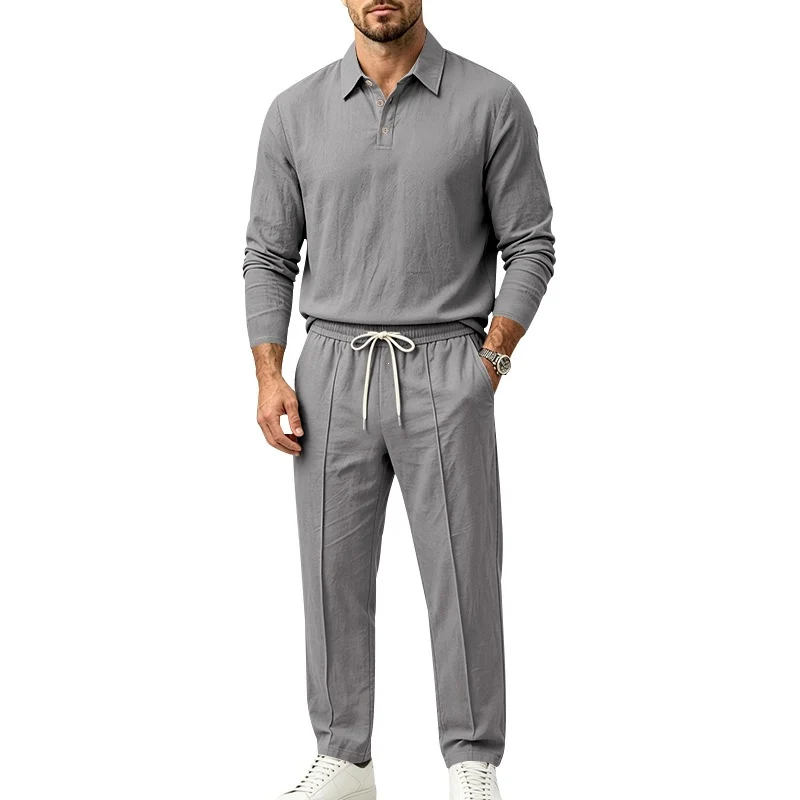 Herren Leichtes Leinen-Lounge-Set mit Henley-Kragen und elastischer Bundhose Drune