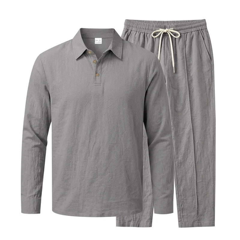 Herren Leichtes Leinen-Lounge-Set mit Henley-Kragen und elastischer Bundhose Drune