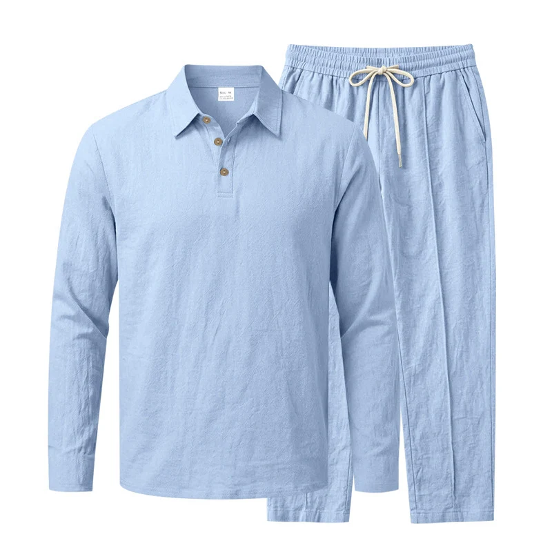 Herren Leichtes Leinen-Lounge-Set mit Henley-Kragen und elastischer Bundhose Drune