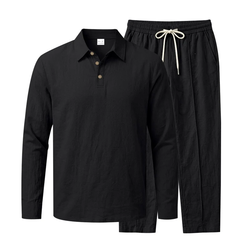 Herren Leichtes Leinen-Lounge-Set mit Henley-Kragen und elastischer Bundhose Drune