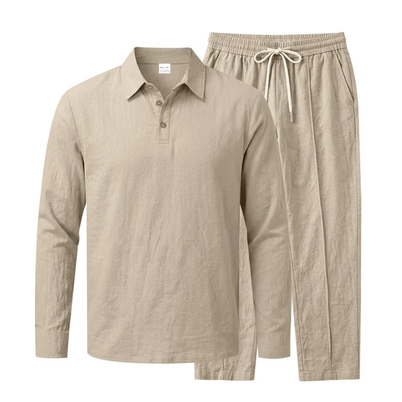 Herren Leichtes Leinen-Lounge-Set mit Henley-Kragen und elastischer Bundhose Drune