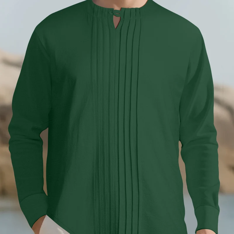 Herren Leichtes Langarmshirt im Leinenlook mit Stehkragen, Kellerfalten und Schlaufenverschluss Drune
