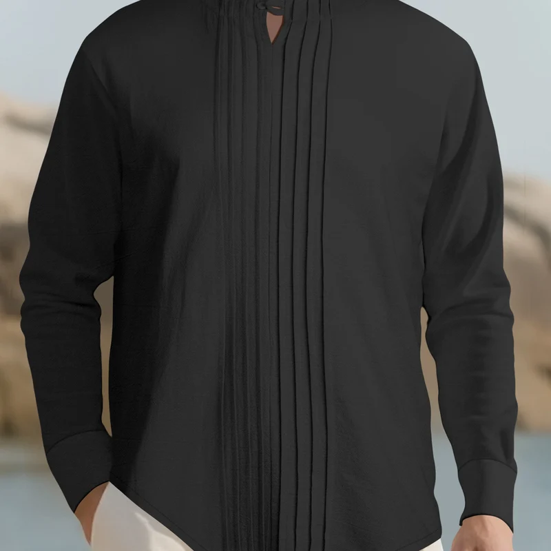Herren Leichtes Langarmshirt im Leinenlook mit Stehkragen, Kellerfalten und Schlaufenverschluss Drune