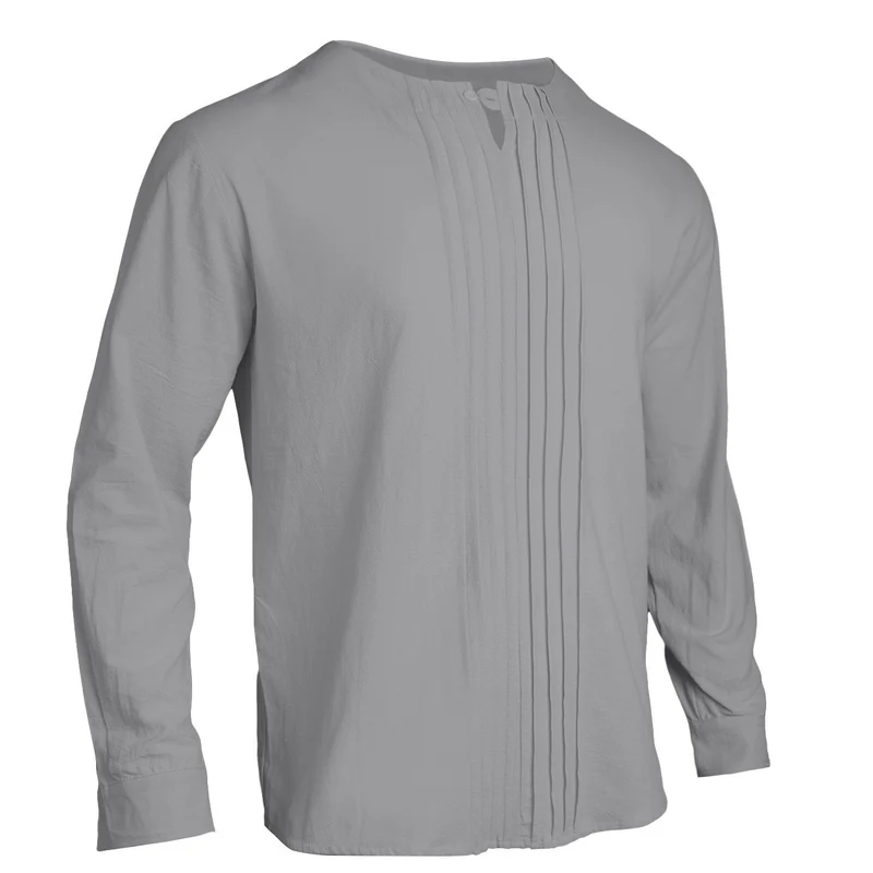 Herren Leichtes Langarmshirt im Leinenlook mit Stehkragen, Kellerfalten und Schlaufenverschluss Drune