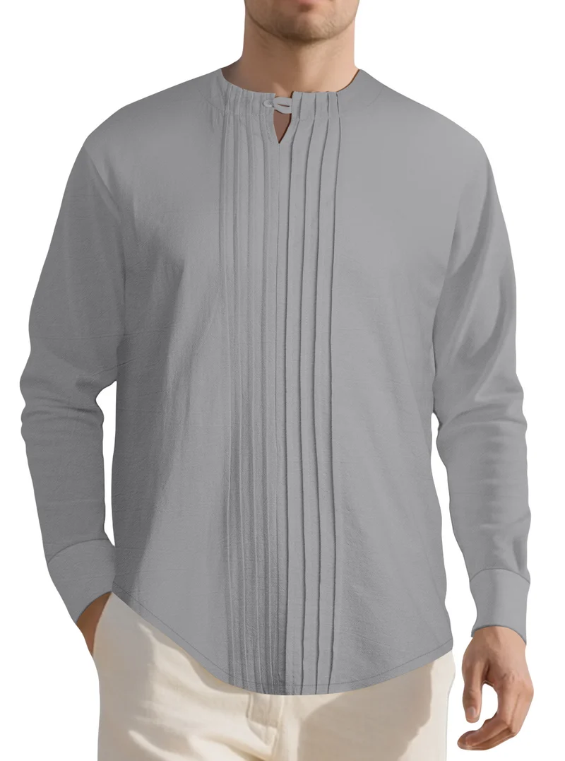 Herren Leichtes Langarmshirt im Leinenlook mit Stehkragen, Kellerfalten und Schlaufenverschluss Drune