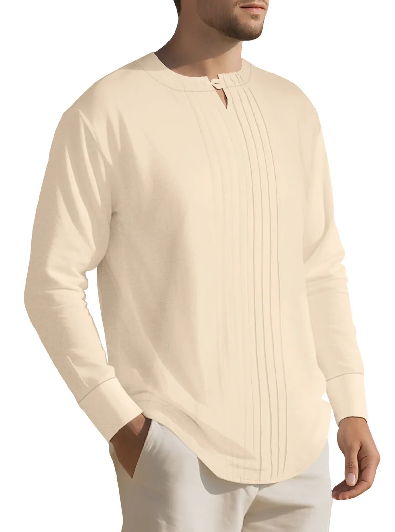 Herren Leichtes Langarmshirt im Leinenlook mit Stehkragen, Kellerfalten und Schlaufenverschluss Drune