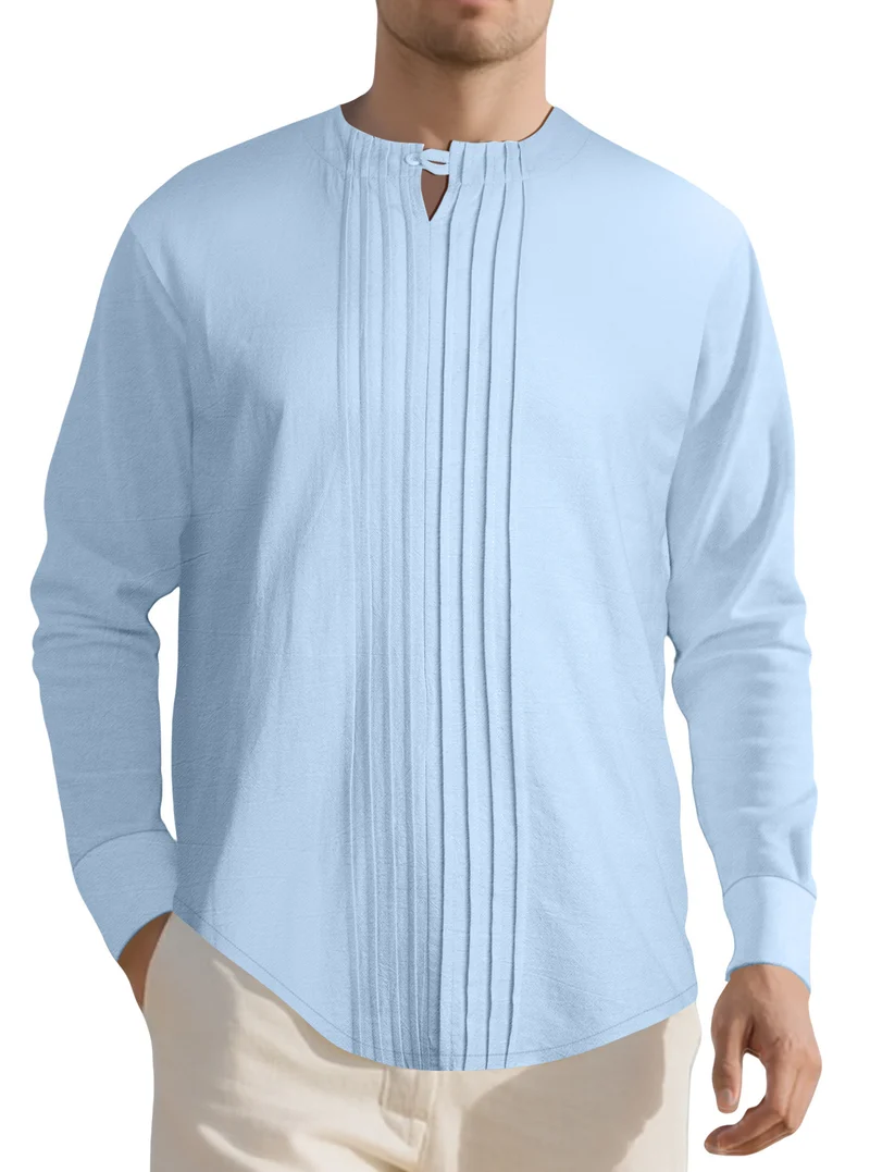 Herren Leichtes Langarmshirt im Leinenlook mit Stehkragen, Kellerfalten und Schlaufenverschluss Drune