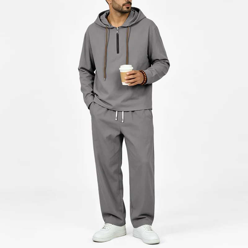 Herren Leichter Halbzip-Kapuzenpullover im Relaxed-Fit mit Kordelzug Drune