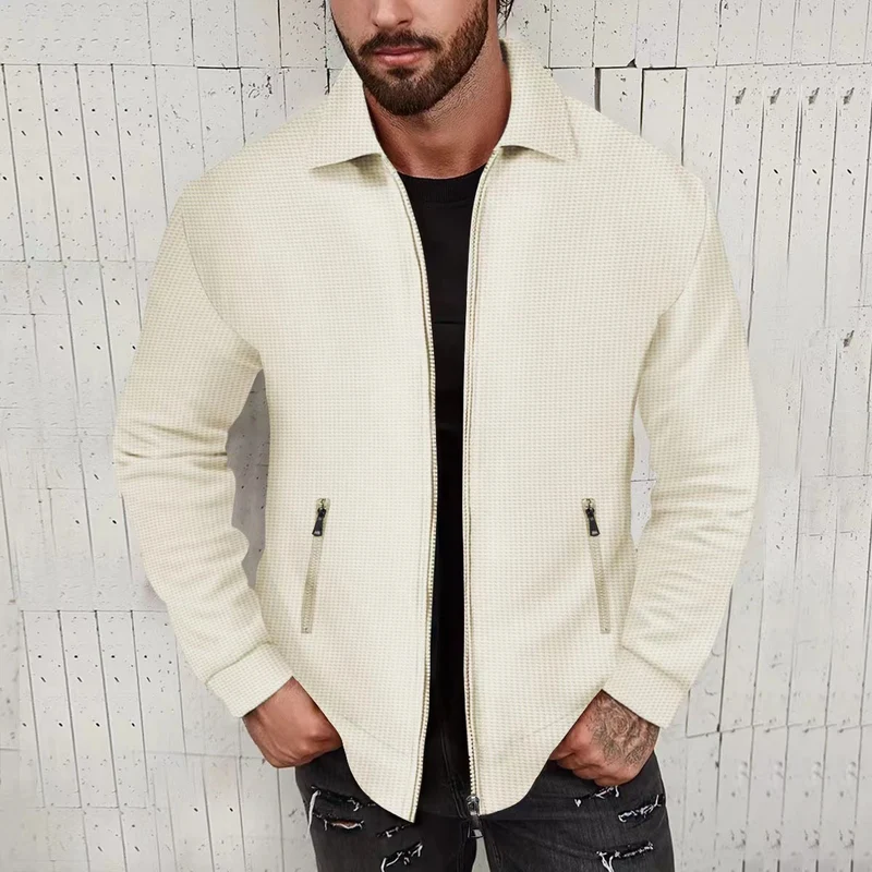 Herren Leichte Struktur-Reißverschluss-Übergangsjacke mit Kentkragen und Reißverschlusstaschen Drune