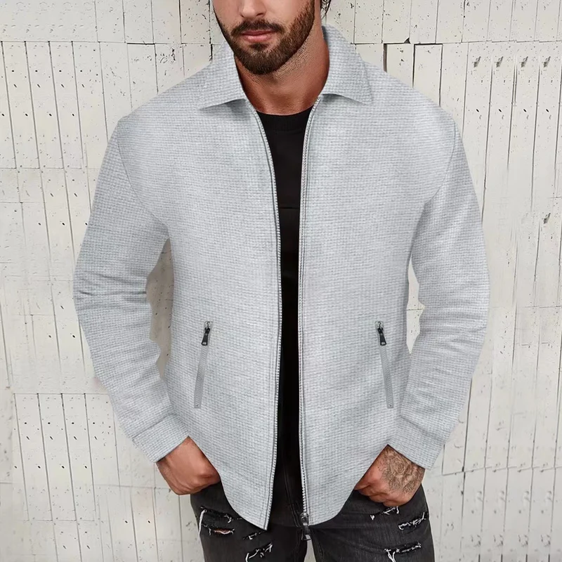 Herren Leichte Struktur-Reißverschluss-Übergangsjacke mit Kentkragen und Reißverschlusstaschen Drune