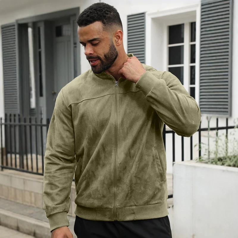 Herren Leichte Bomberjacke im Velours-Look mit Reißverschluss und Rippbündchen Drune