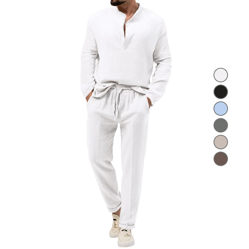 Herren Lässiges Zweiteiliges Lounge-Set aus Baumwoll-Gauze mit Henley-Oberteil und Tunnelzug-Hose Drune