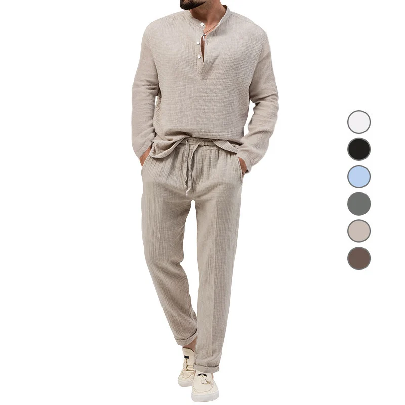 Herren Lässiges Zweiteiliges Lounge-Set aus Baumwoll-Gauze mit Henley-Oberteil und Tunnelzug-Hose Drune