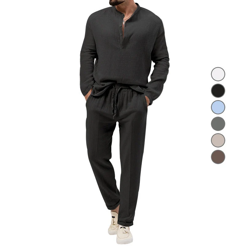 Herren Lässiges Zweiteiliges Lounge-Set aus Baumwoll-Gauze mit Henley-Oberteil und Tunnelzug-Hose Drune
