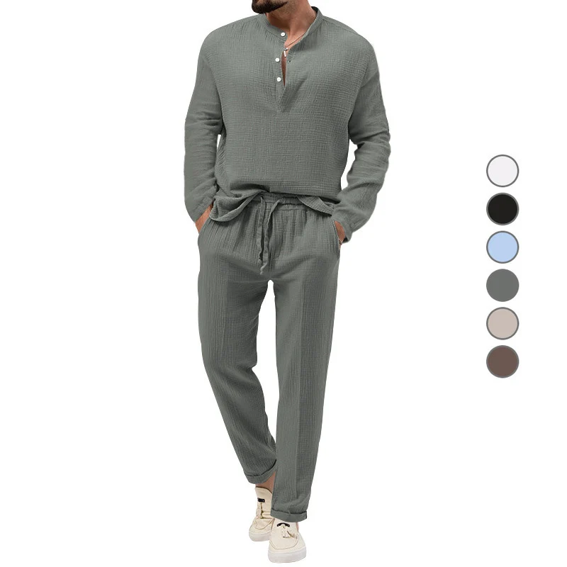 Herren Lässiges Zweiteiliges Lounge-Set aus Baumwoll-Gauze mit Henley-Oberteil und Tunnelzug-Hose Drune