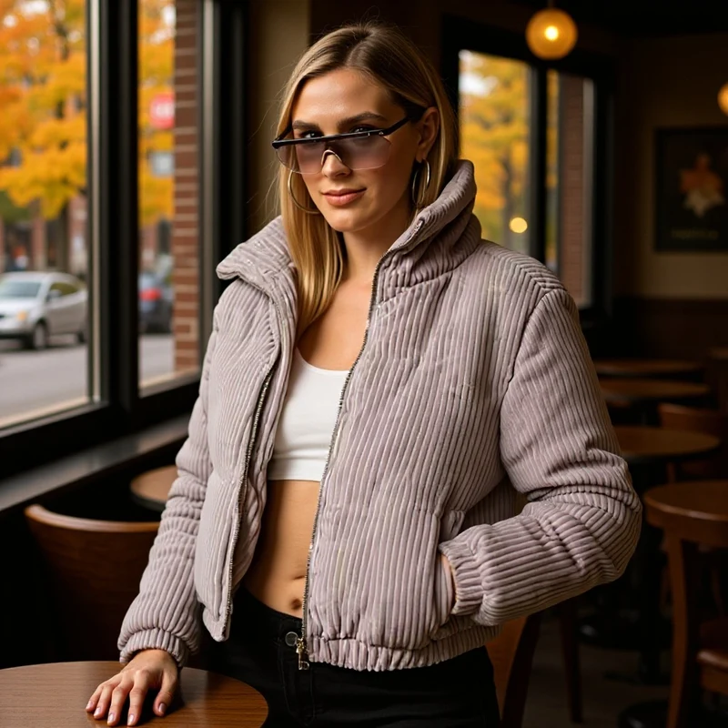 Damen Gepolsterte Cord-Steppjacke mit Stehkragen und elastischem Saum Drune