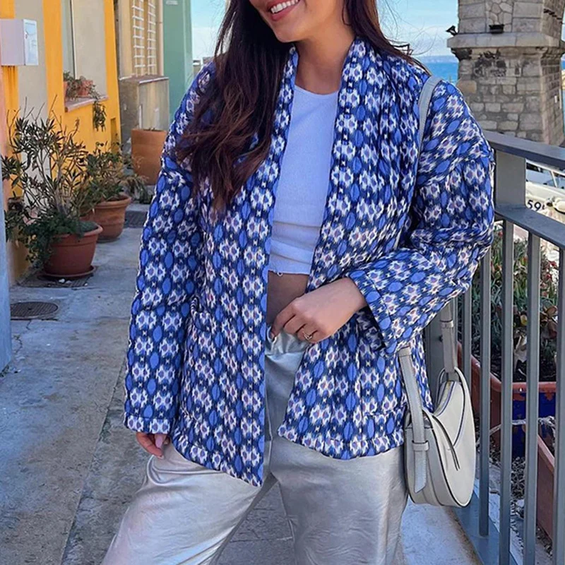 Damen Gemusterte Kimono-Steppjacke mit offener Front und aufgesetzten Taschen Drune