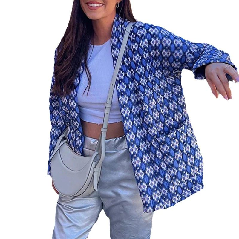 Damen Gemusterte Kimono-Steppjacke mit offener Front und aufgesetzten Taschen Drune