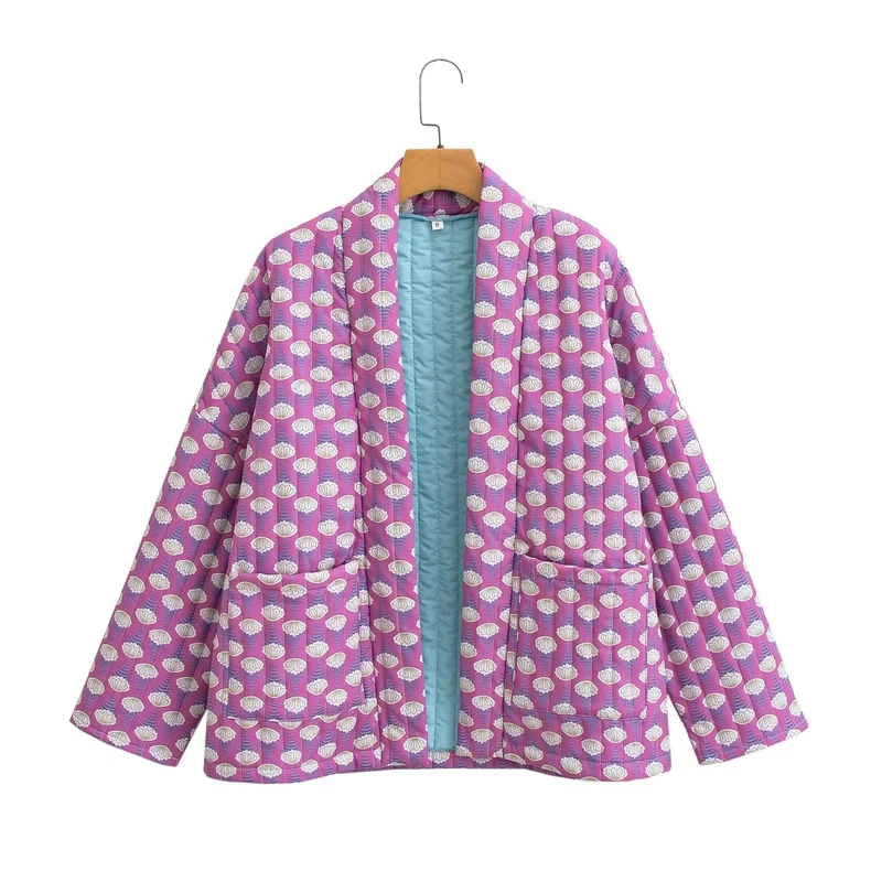 Damen Gemusterte Kimono-Steppjacke mit offener Front und aufgesetzten Taschen Drune