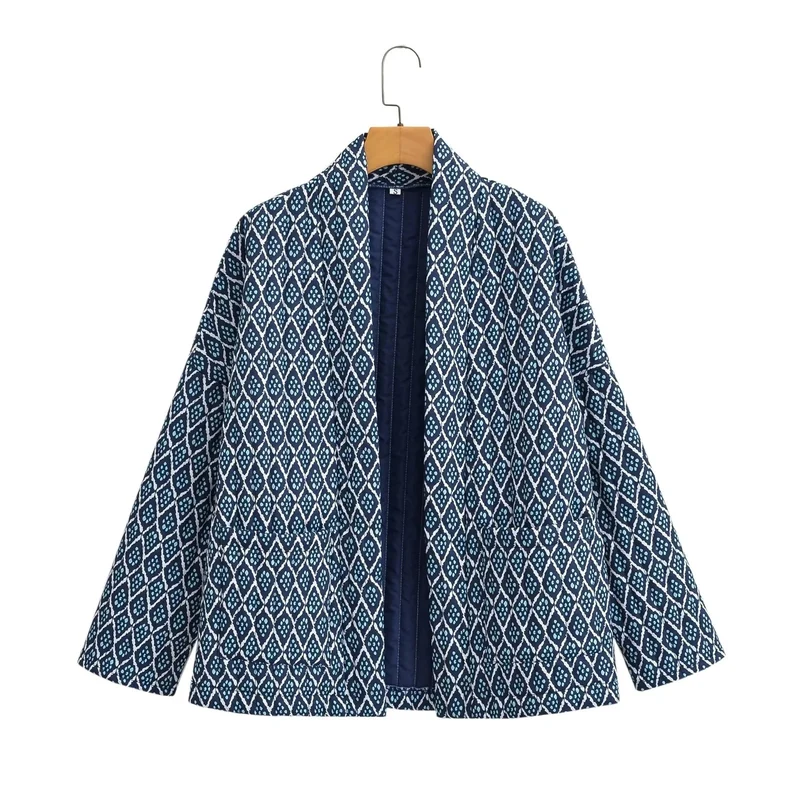 Damen Gemusterte Kimono-Steppjacke mit offener Front und aufgesetzten Taschen Drune