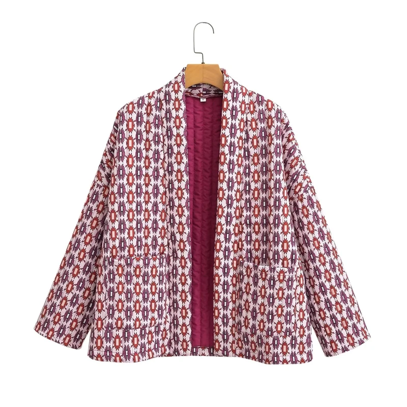 Damen Gemusterte Kimono-Steppjacke mit offener Front und aufgesetzten Taschen Drune