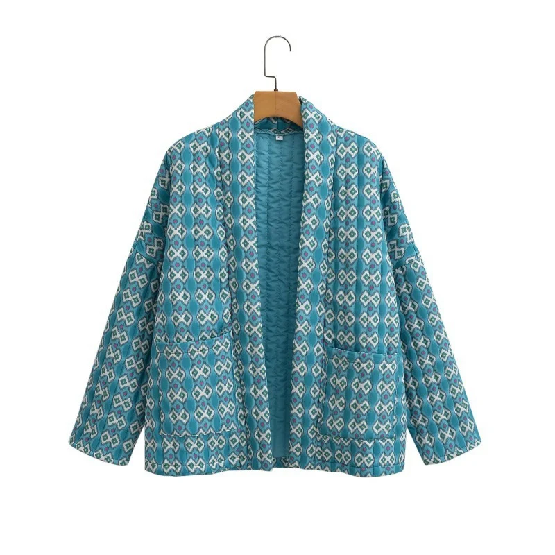 Damen Gemusterte gesteppte Kimono-Jacke mit aufgesetzten Taschen Drune
