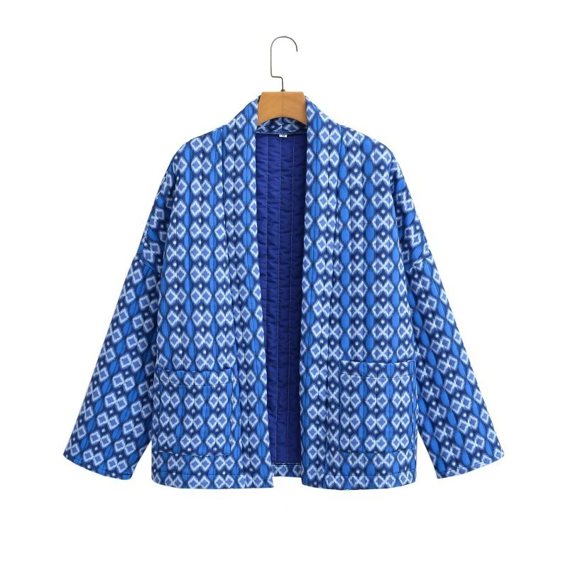Damen Gemusterte gesteppte Kimono-Jacke mit aufgesetzten Taschen Drune